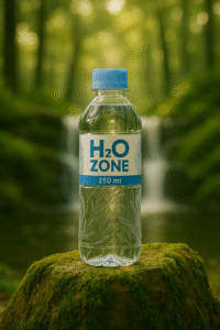 Premium 250 ml H2O ZONE customized packaged drinking water bottle with minimalist label, placed beside a modern waterfall on natural stone—capturing purity, brand elegance, and personalized hydration.