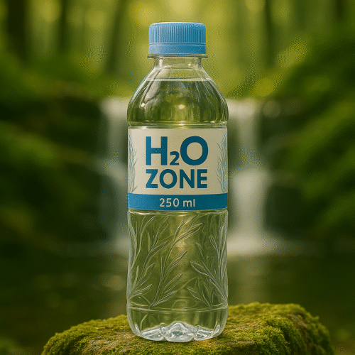 Premium 250 ml H2O ZONE customized packaged drinking water bottle with minimalist label, placed beside a modern waterfall on natural stone—capturing purity, brand elegance, and personalized hydration.