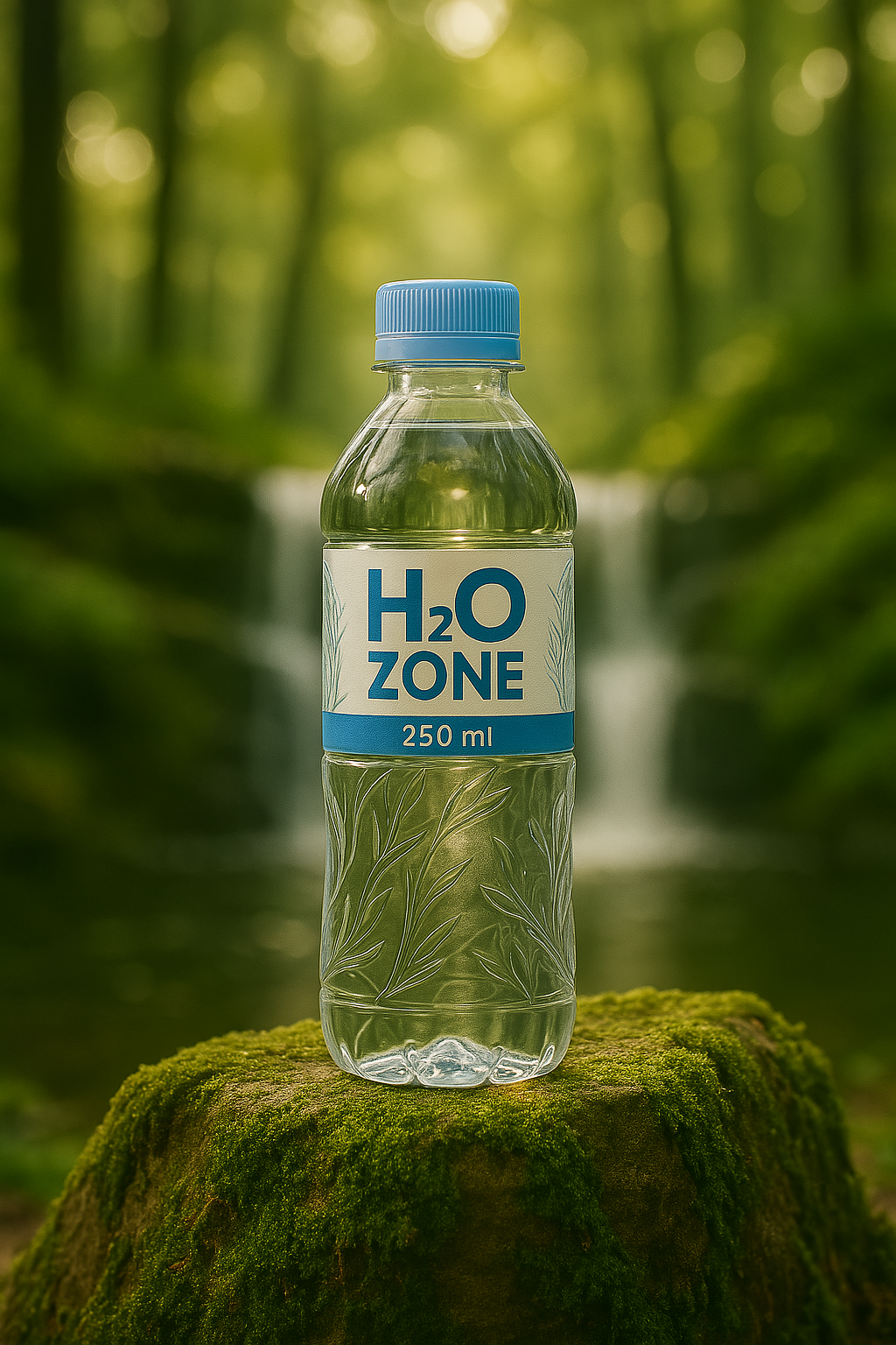 Premium 250 ml H2O ZONE customized packaged drinking water bottle with minimalist label, placed beside a modern waterfall on natural stone—capturing purity, brand elegance, and personalized hydration.